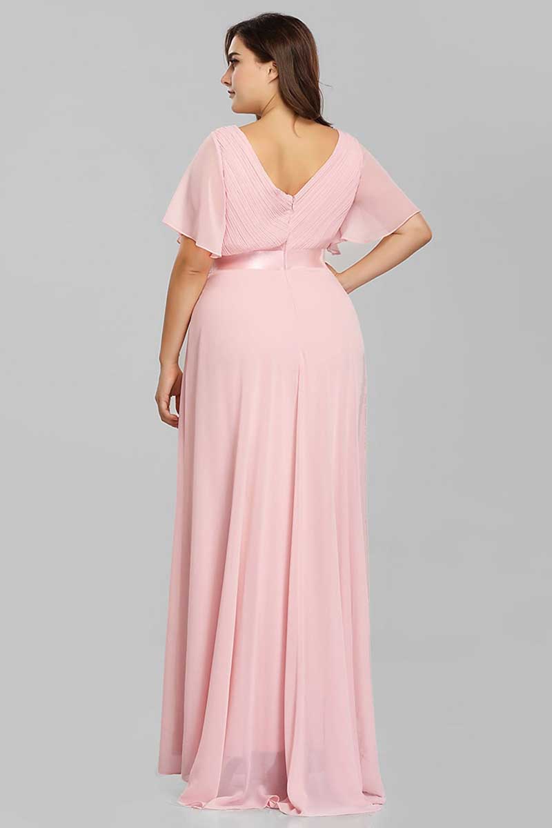 M6143 - V-Neck Short Sleeves Chiffon A-Line Long Mother of the Bride Dress