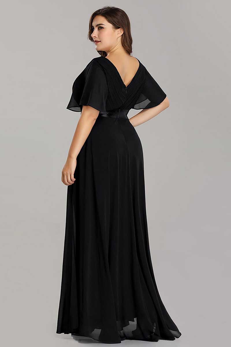 M6143 - V-Neck Short Sleeves Chiffon A-Line Long Mother of the Bride Dress