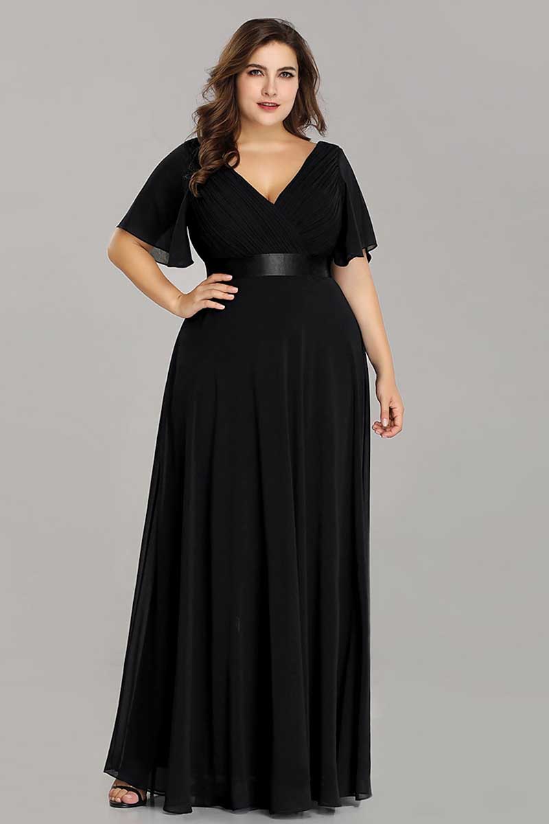 M6143 - V-Neck Short Sleeves Chiffon A-Line Long Mother of the Bride Dress