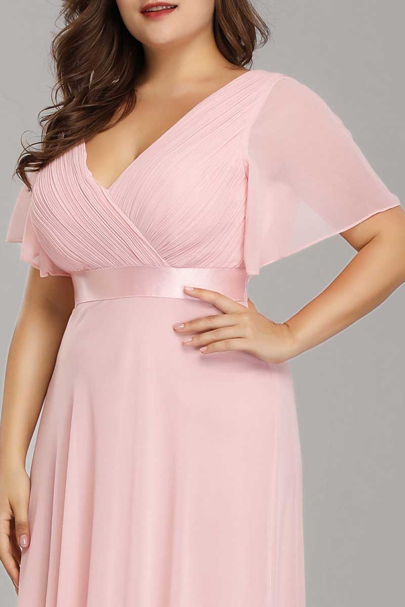 M6143 - V-Neck Short Sleeves Chiffon A-Line Long Mother of the Bride Dress