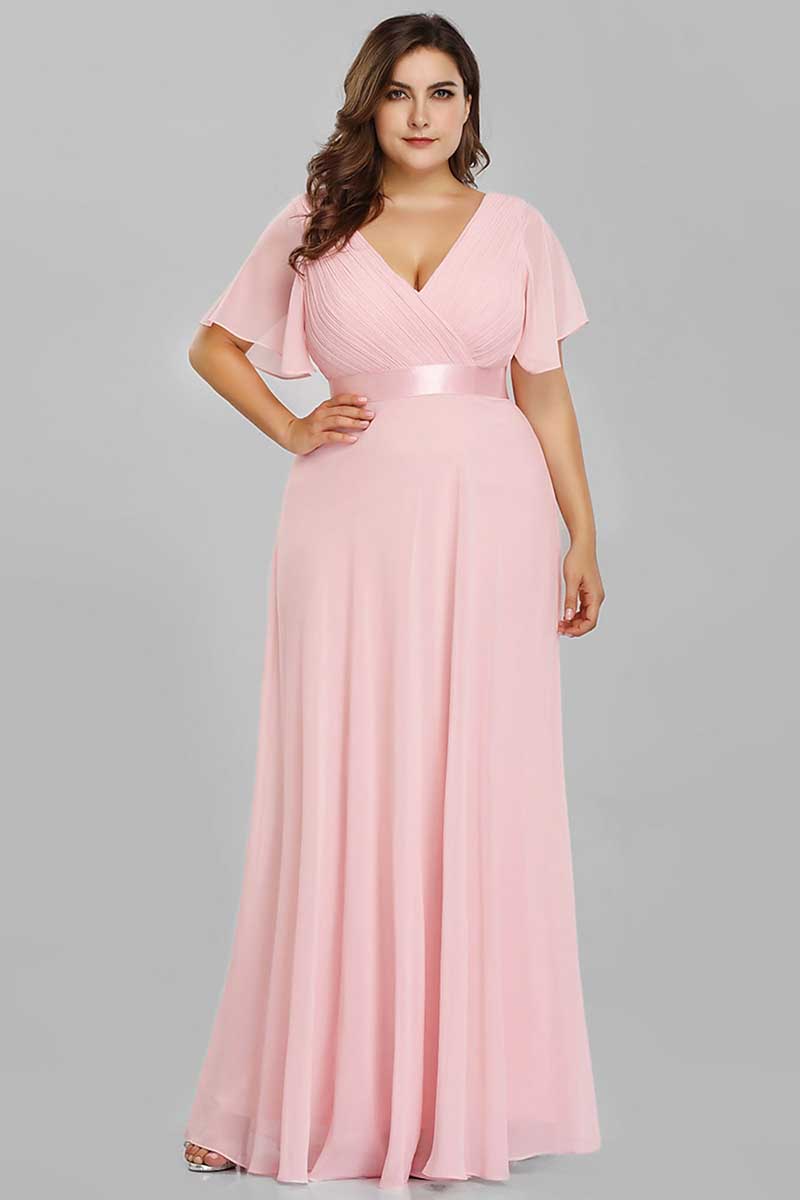 M6143 - V-Neck Short Sleeves Chiffon A-Line Long Mother of the Bride Dress