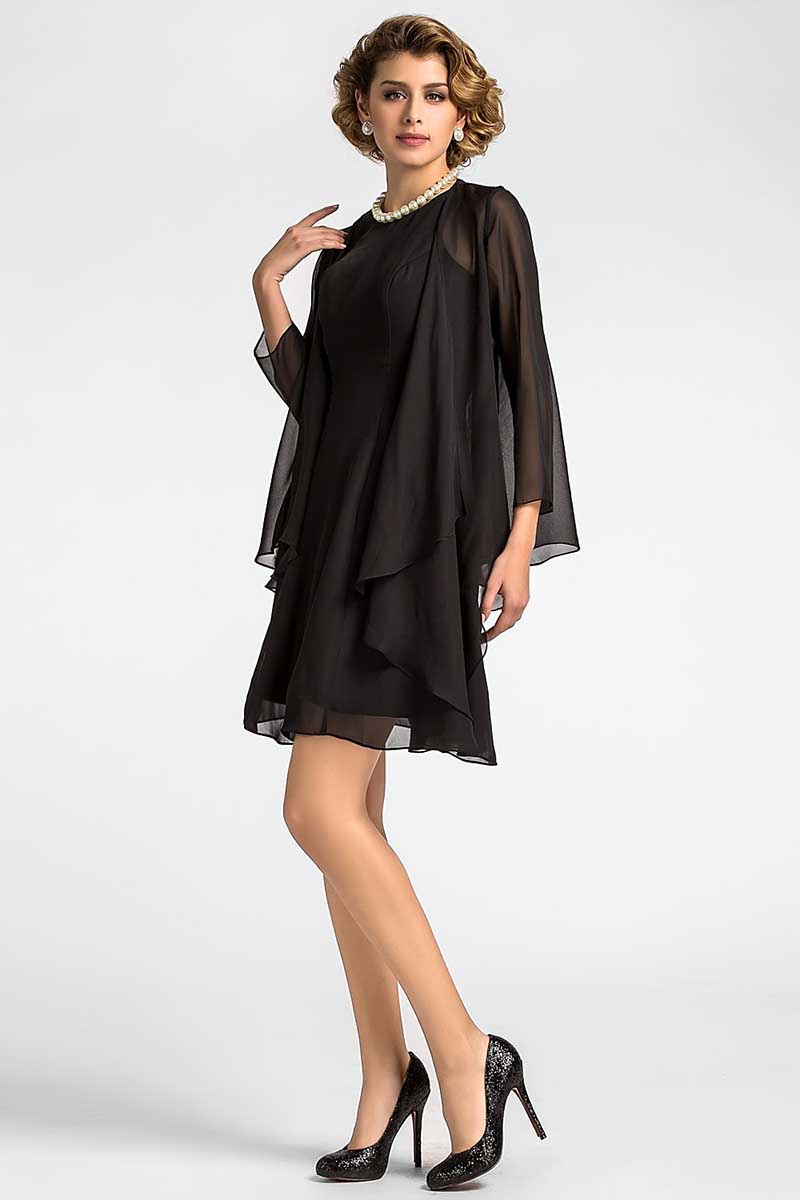 M6144 - Scoop Long Sleeves Chiffon A-Line Two Piece Mini Mother of the Bride Dress