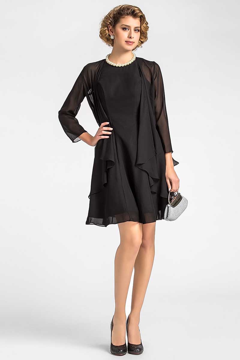 M6144 - Scoop Long Sleeves Chiffon A-Line Two Piece Mini Mother of the Bride Dress