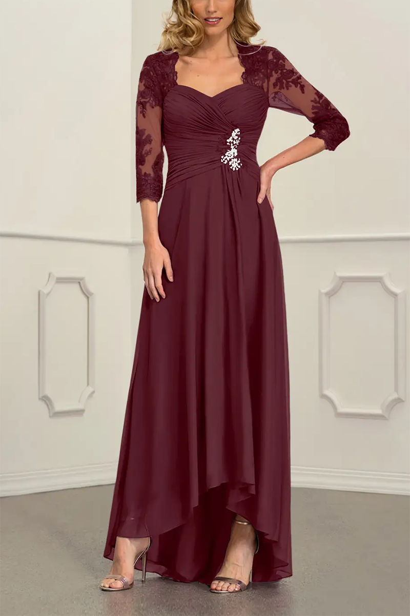 M6162 - Square Neck Half Sleeves Ruched Satin A-Line Mother of the Bride Dress