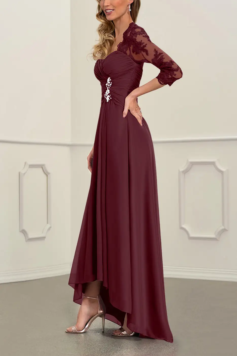 M6162 - Square Neck Half Sleeves Ruched Satin A-Line Mother of the Bride Dress