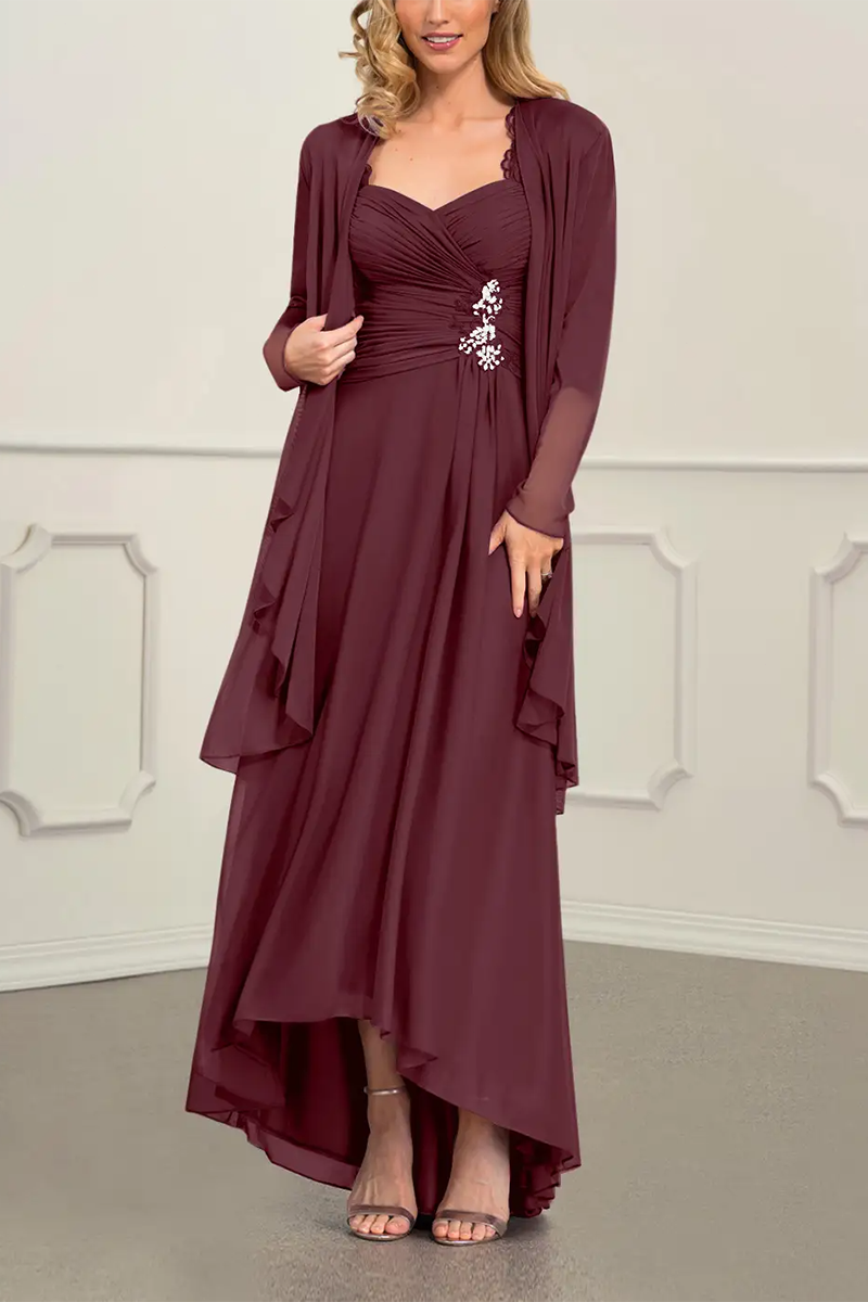 M6162 - Square Neck Half Sleeves Ruched Satin A-Line Mother of the Bride Dress