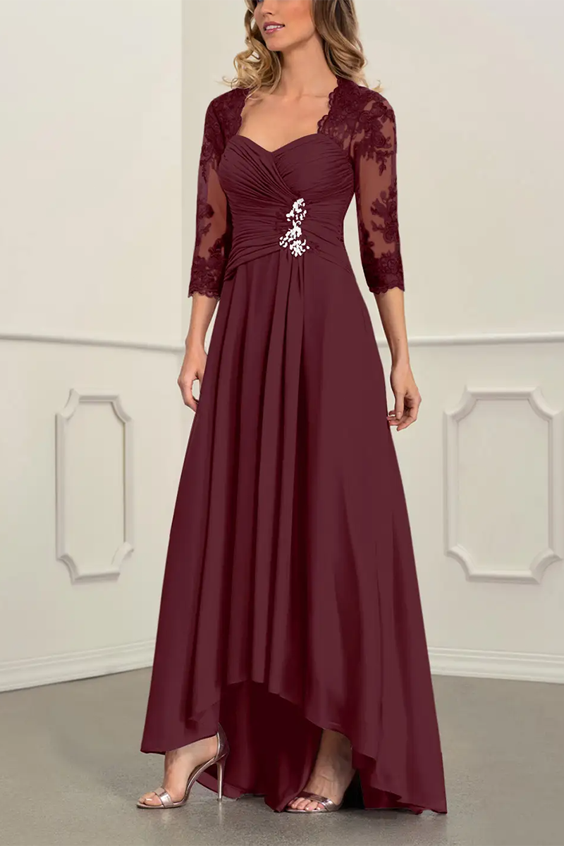 M6162 - Square Neck Half Sleeves Ruched Satin A-Line Mother of the Bride Dress