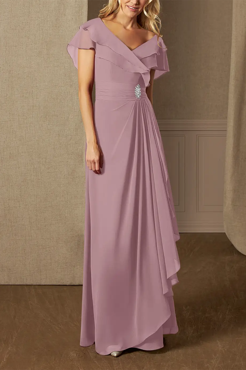 M6164 - V-Neck Cap Sleeves Chiffon A-Line Long Mother of the Bride Dress