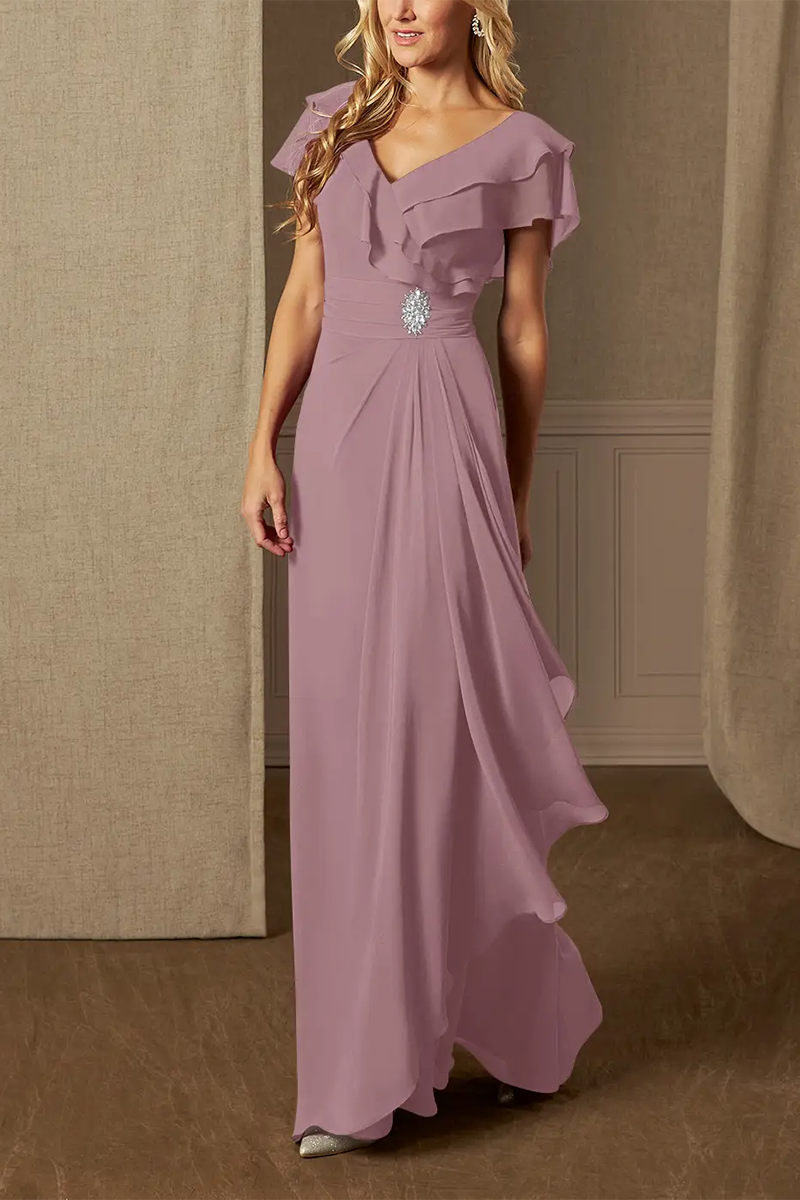 M6164 - V-Neck Cap Sleeves Chiffon A-Line Long Mother of the Bride Dress