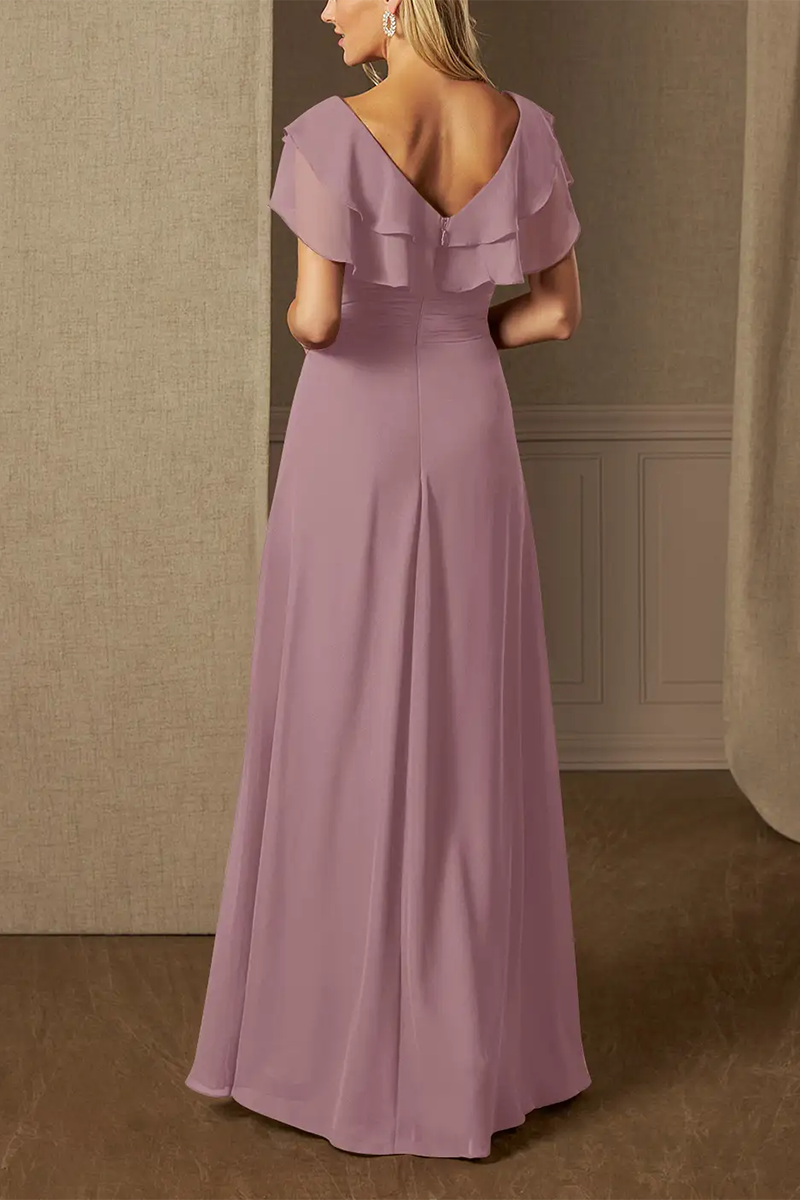 M6164 - V-Neck Cap Sleeves Chiffon A-Line Long Mother of the Bride Dress