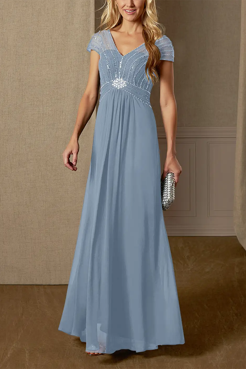 M6165 - V-Neck Short Sleeves Beaded Chiffon A-Line Long Mother of the Bride Dress