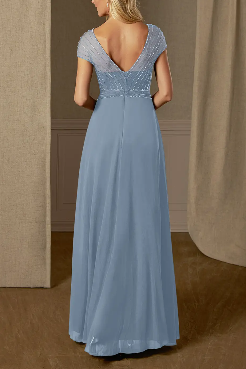 M6165 - V-Neck Short Sleeves Beaded Chiffon A-Line Long Mother of the Bride Dress