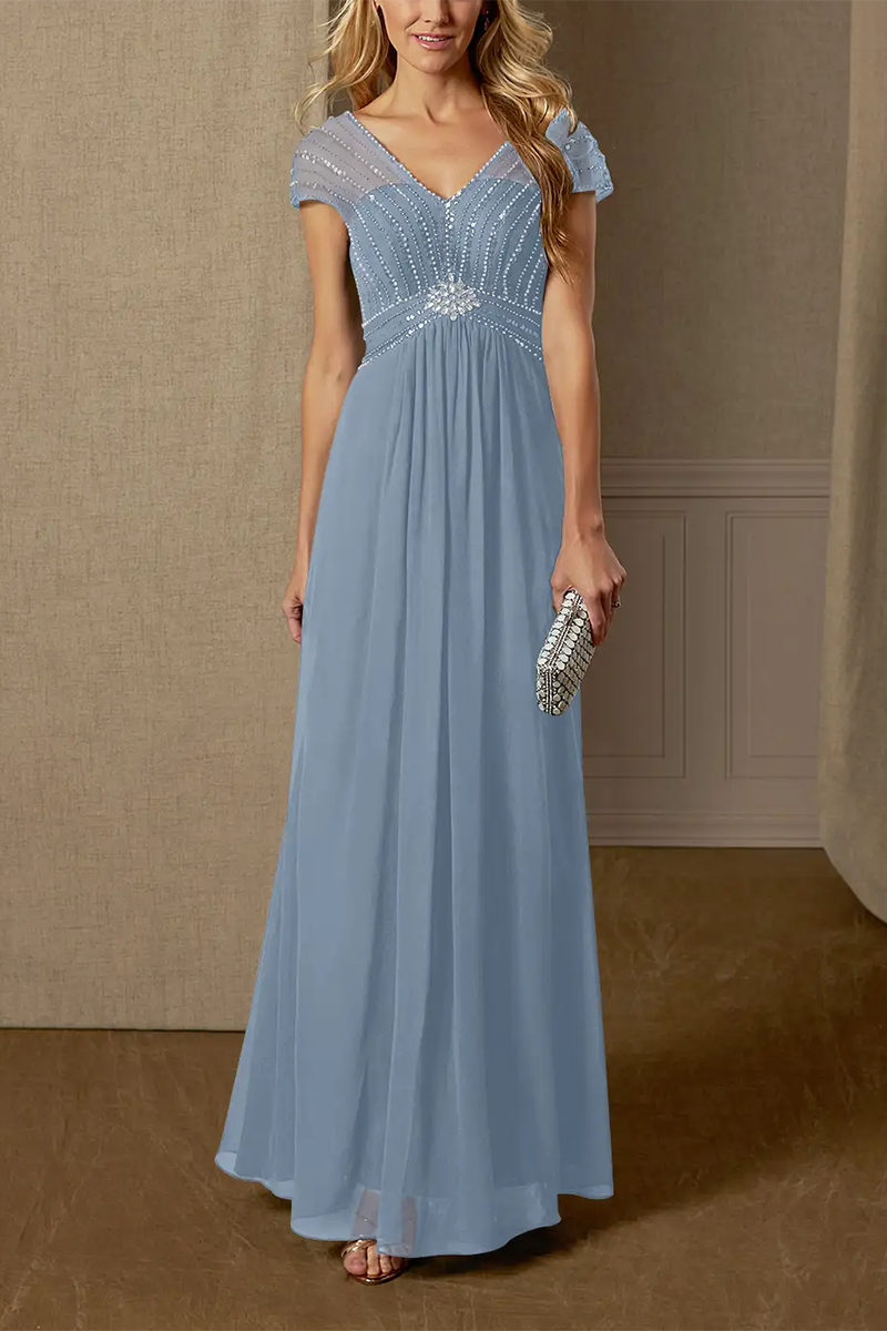 M6165 - V-Neck Short Sleeves Beaded Chiffon A-Line Long Mother of the Bride Dress