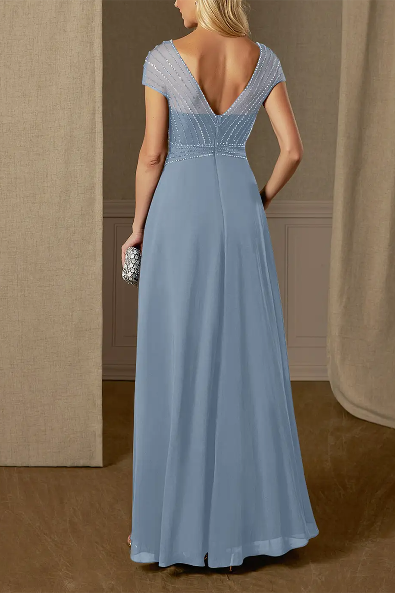 M6165 - V-Neck Short Sleeves Beaded Chiffon A-Line Long Mother of the Bride Dress