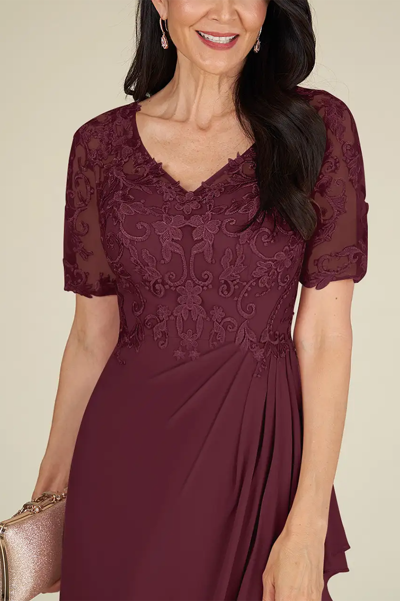 M6166 - V-Neck Short Sleeves Appliqued Chiffon A-Line Mother of the Bride Dress