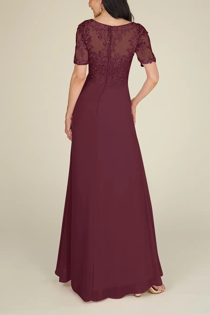 M6166 - V-Neck Short Sleeves Appliqued Chiffon A-Line Mother of the Bride Dress