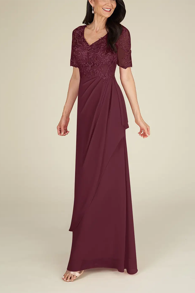 M6166 - V-Neck Short Sleeves Appliqued Chiffon A-Line Mother of the Bride Dress