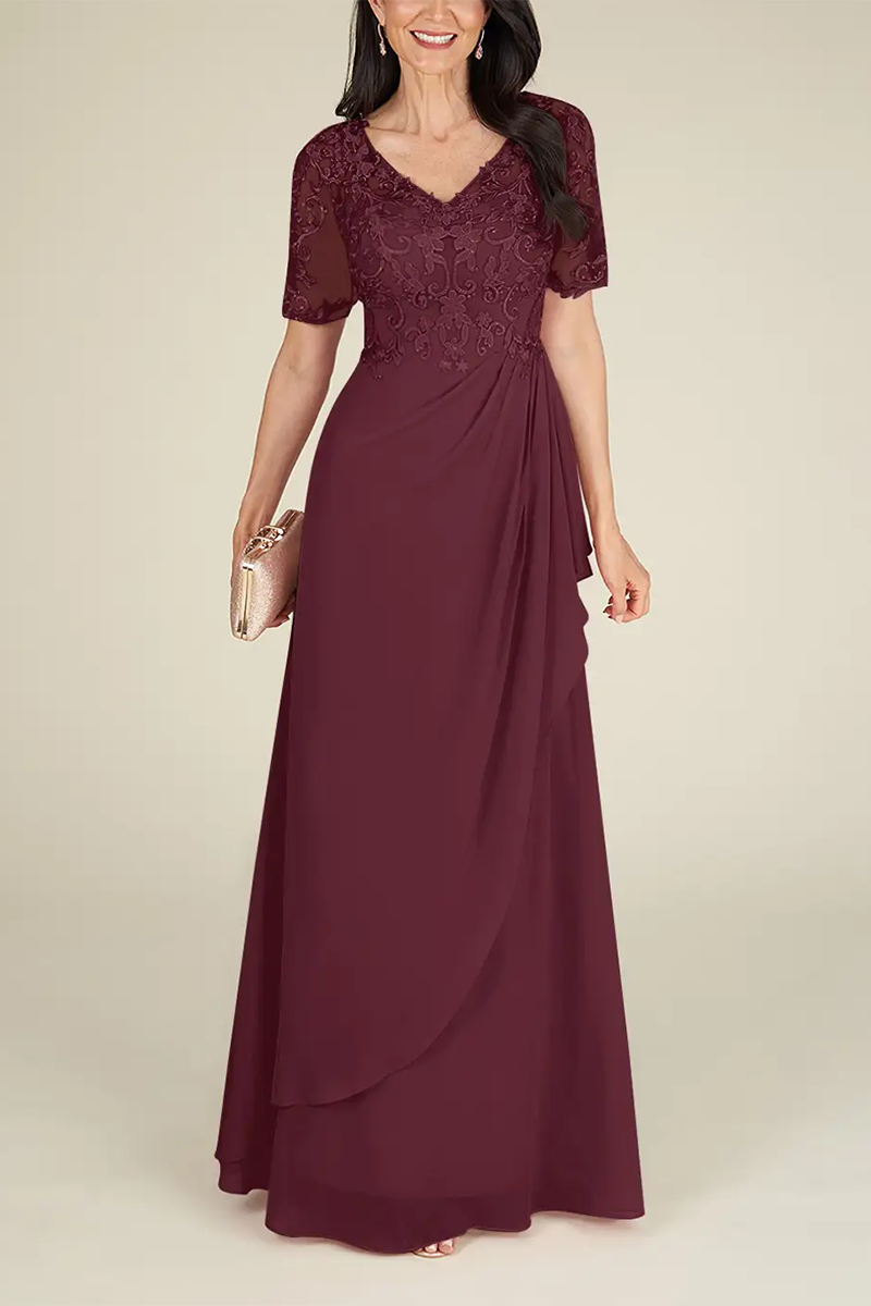 M6166 - V-Neck Short Sleeves Appliqued Chiffon A-Line Mother of the Bride Dress