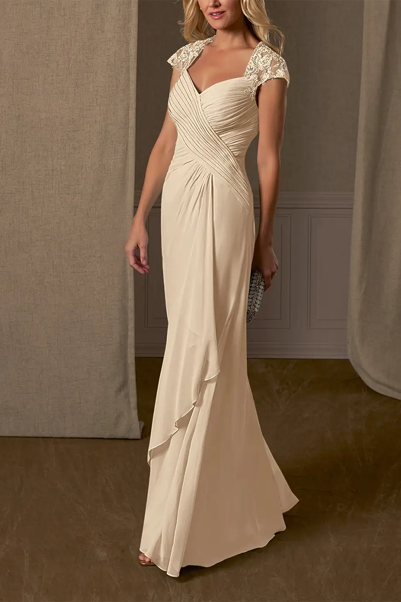 M6167 - V-Neck Cap Sleeves Lace Chiffon A-Line Long Mother of the Bride Dress