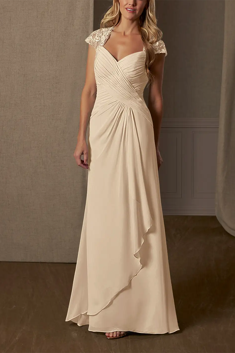 M6167 - V-Neck Cap Sleeves Lace Chiffon A-Line Long Mother of the Bride Dress