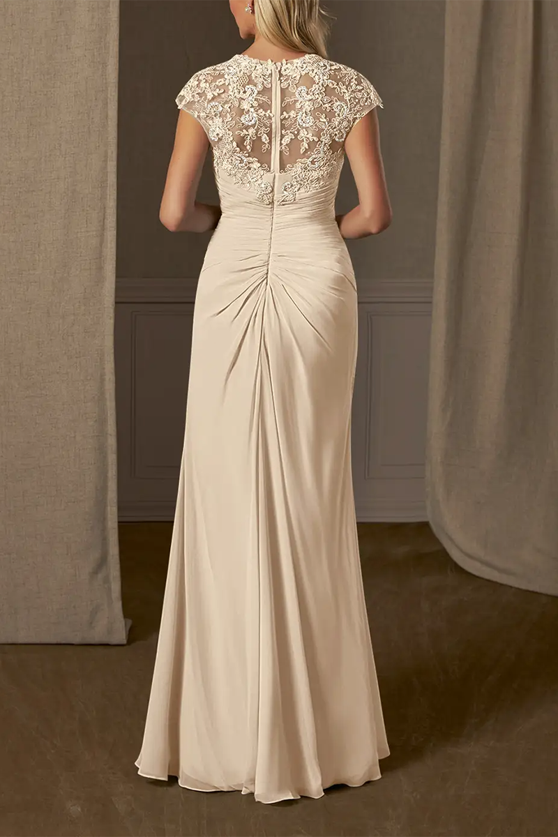 M6167 - V-Neck Cap Sleeves Lace Chiffon A-Line Long Mother of the Bride Dress