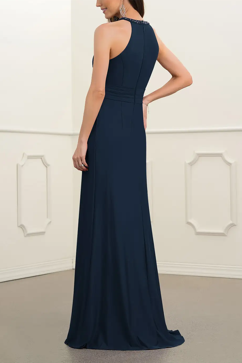 M6168 - Halter Cut Outs Sleeveless Chiffon A-Line Long Mother of the Bride Dress