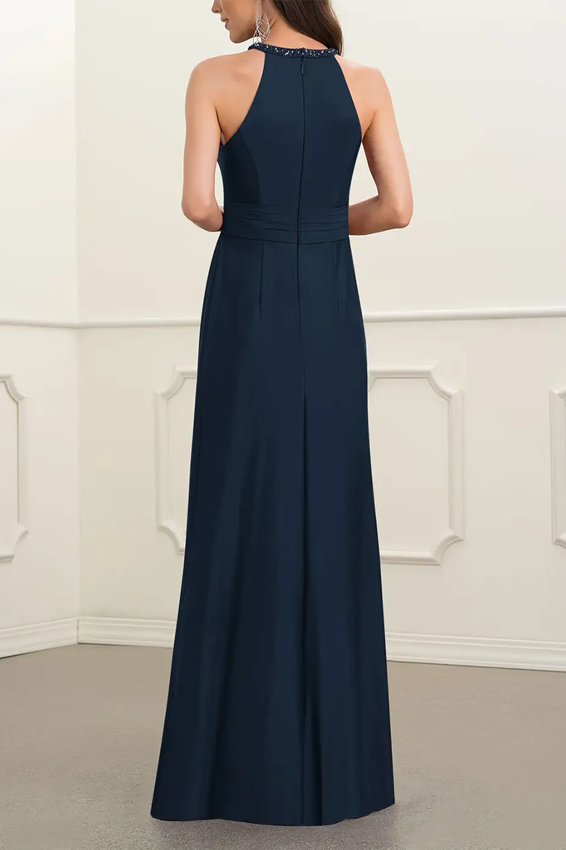 M6168 - Halter Cut Outs Sleeveless Chiffon A-Line Long Mother of the Bride Dress