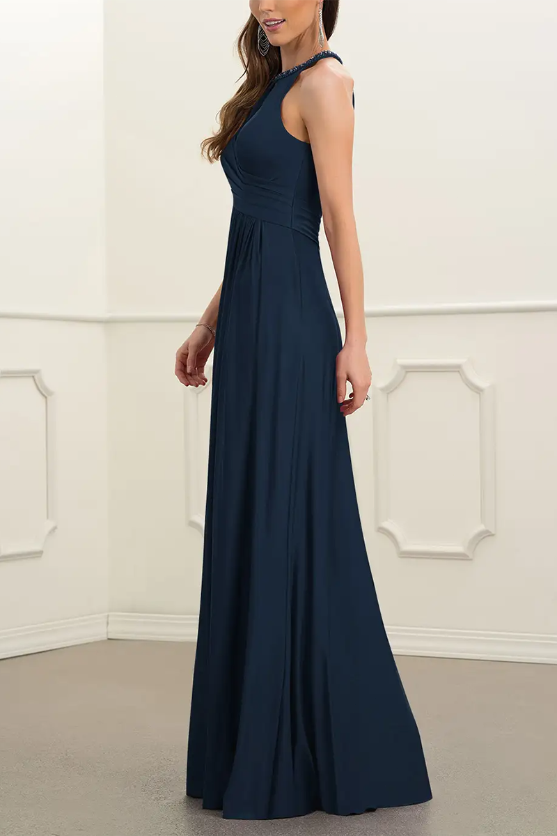 M6168 - Halter Cut Outs Sleeveless Chiffon A-Line Long Mother of the Bride Dress