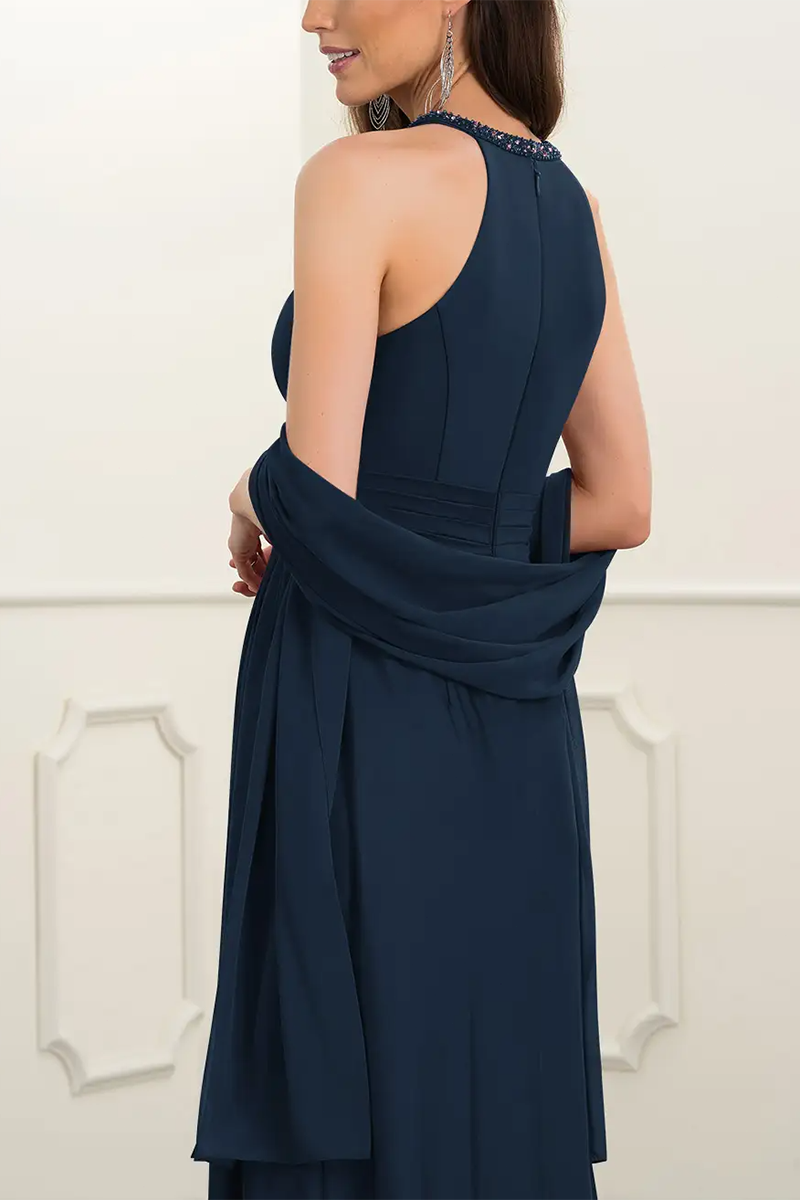 M6168 - Halter Cut Outs Sleeveless Chiffon A-Line Long Mother of the Bride Dress