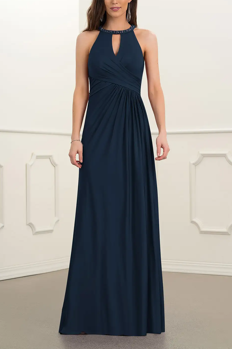 M6168 - Halter Cut Outs Sleeveless Chiffon A-Line Long Mother of the Bride Dress