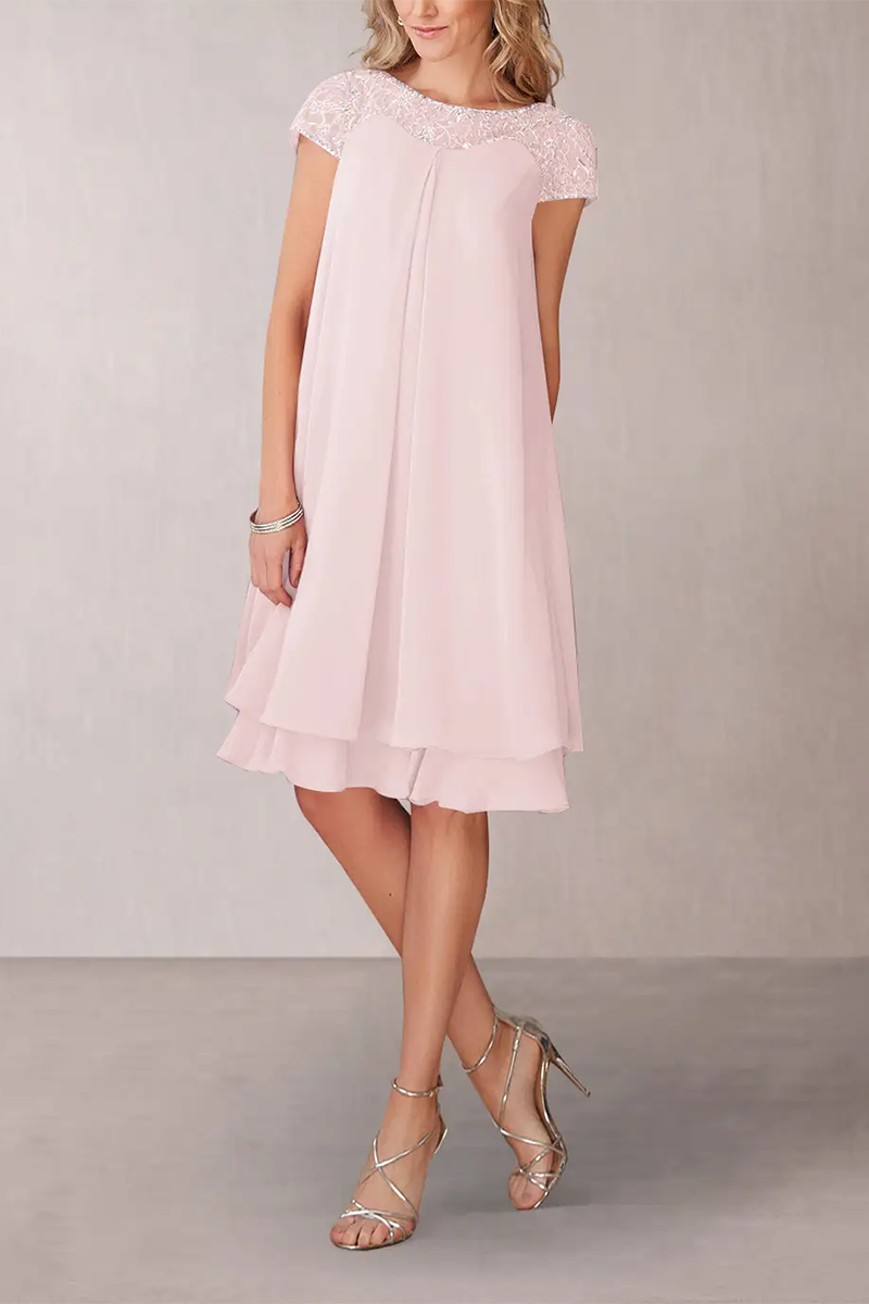 M6170 - Scoop Short Sleeves Lace Chiffon A-Line Midi Mother of the Bride Dress