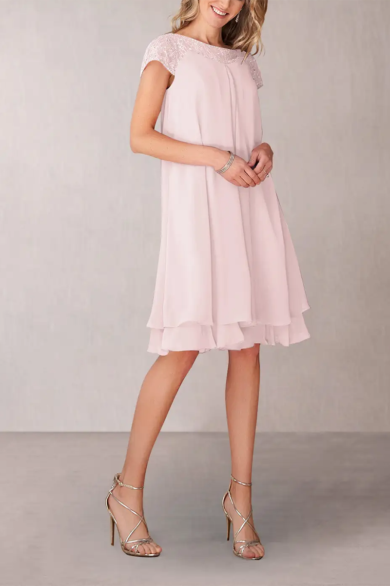 M6170 - Scoop Short Sleeves Lace Chiffon A-Line Midi Mother of the Bride Dress