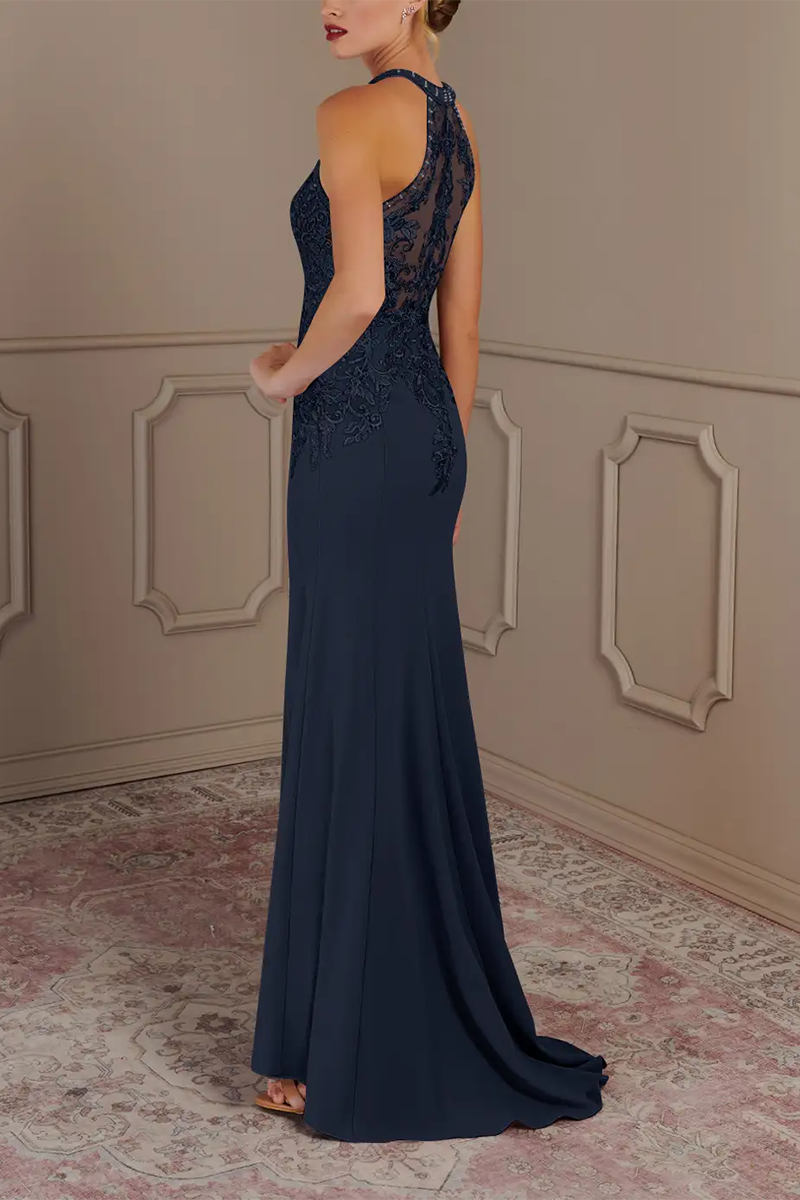 M6171 - Scoop Sleeveless Appliqued Chiffon A-Line Mother of the Bride Dress