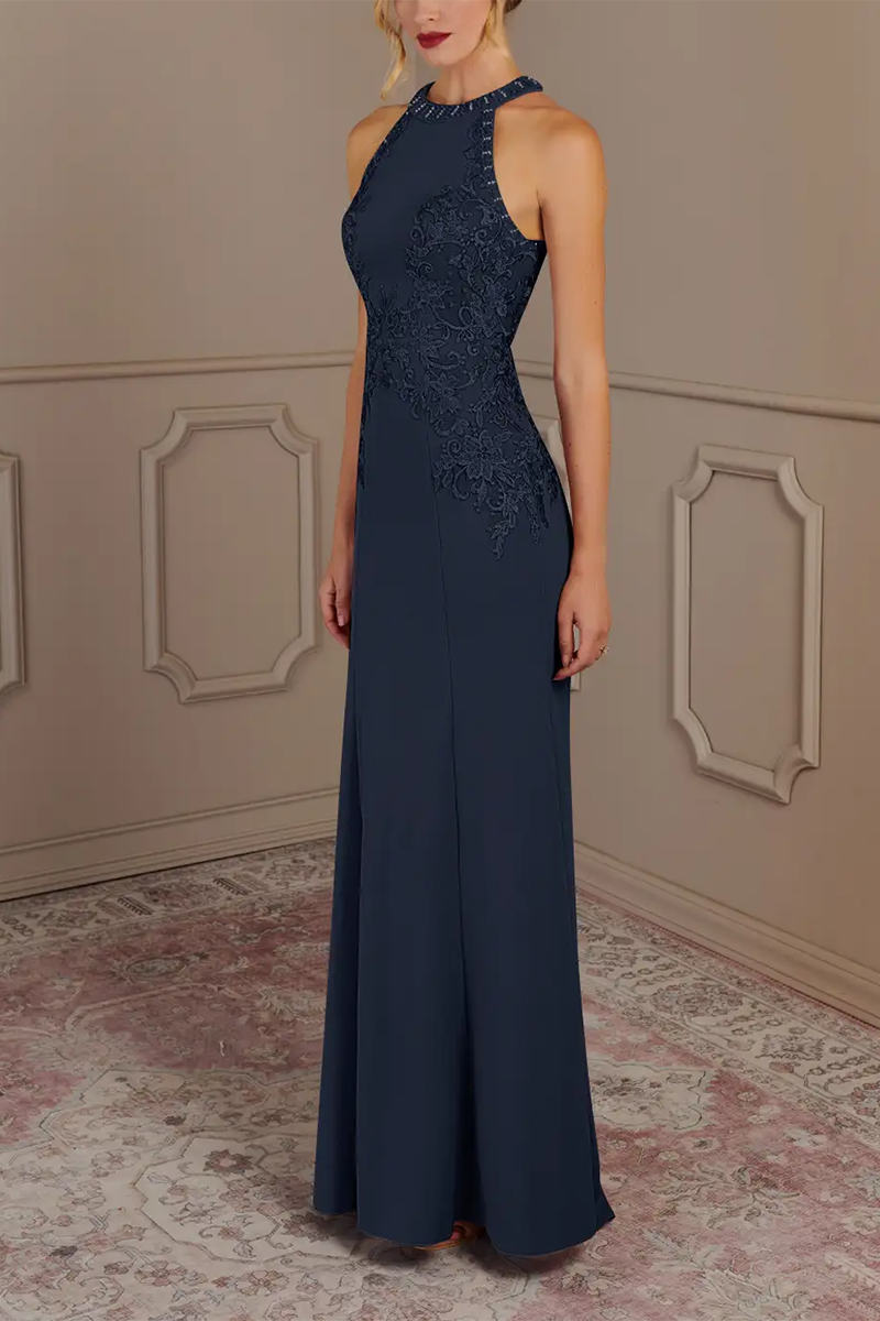 M6171 - Scoop Sleeveless Appliqued Chiffon A-Line Mother of the Bride Dress