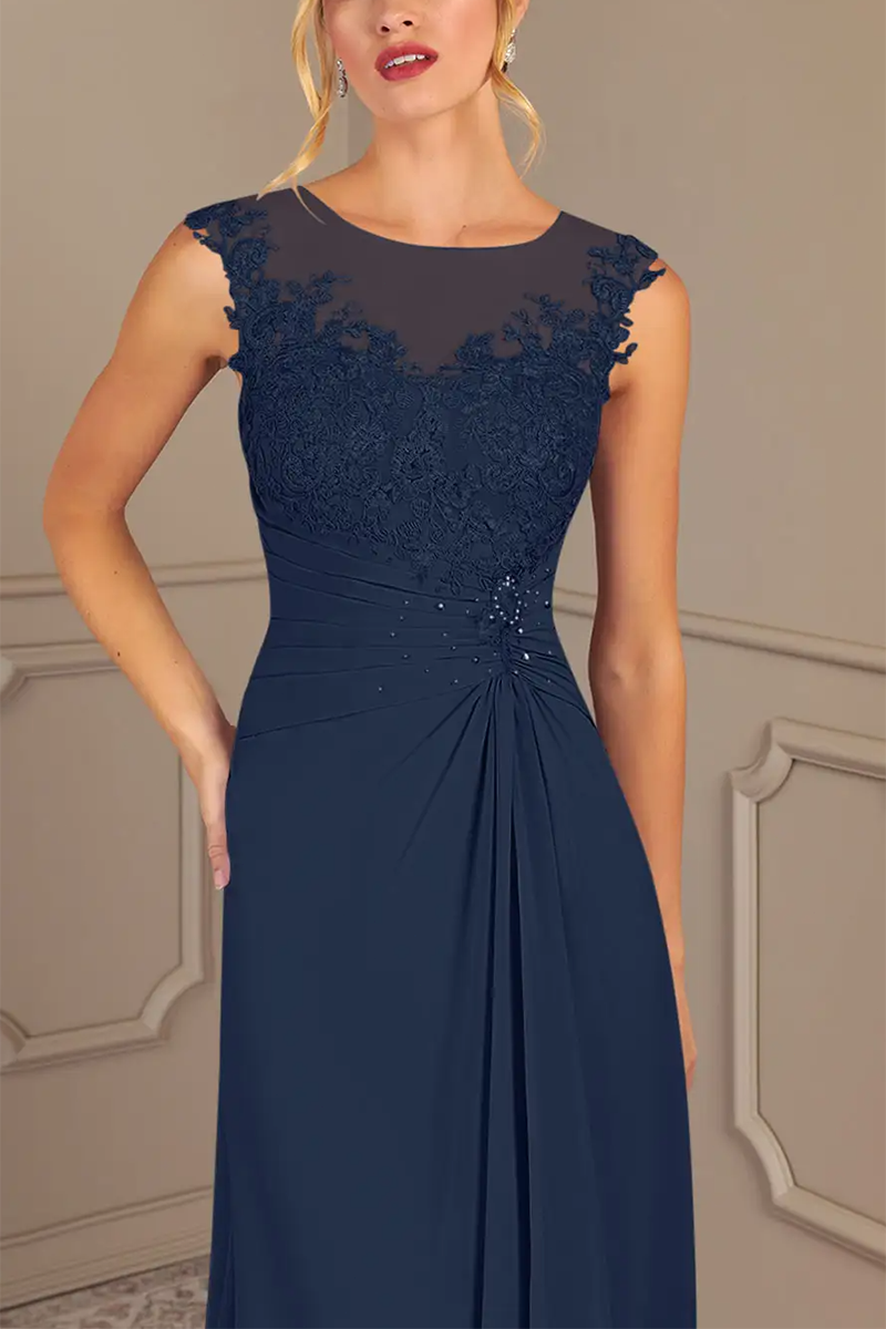 M6173 - Scoop Sleeveless Appliqued Chiffon A-Line Mother of the Bride Dress