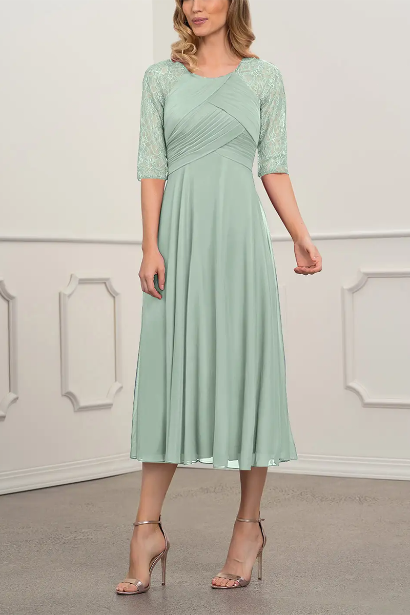 M6174 - Scoop Half Sleeves Ruched Chiffon Midi Mother of the Bride Dress