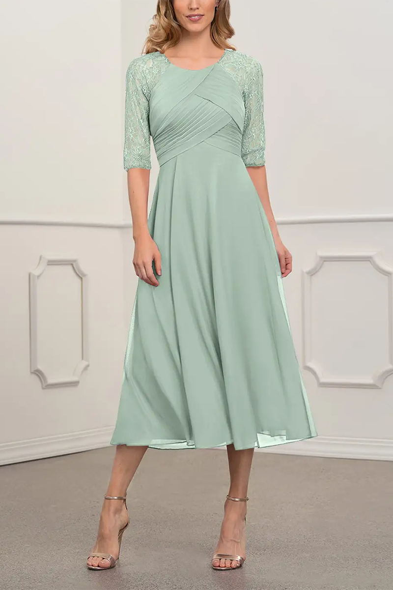 M6174 - Scoop Half Sleeves Ruched Chiffon Midi Mother of the Bride Dress