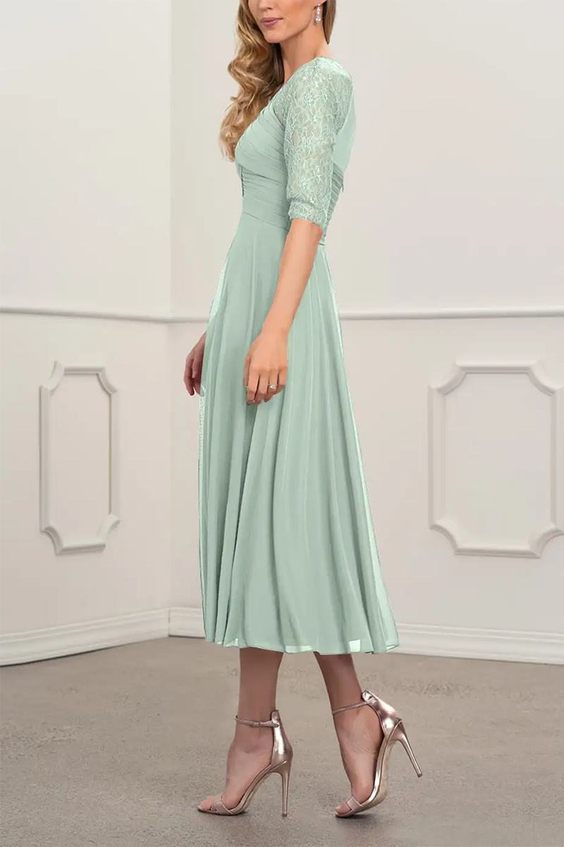 M6174 - Scoop Half Sleeves Ruched Chiffon Midi Mother of the Bride Dress