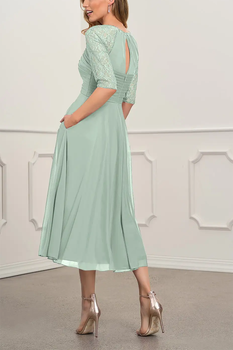 M6174 - Scoop Half Sleeves Ruched Chiffon Midi Mother of the Bride Dress