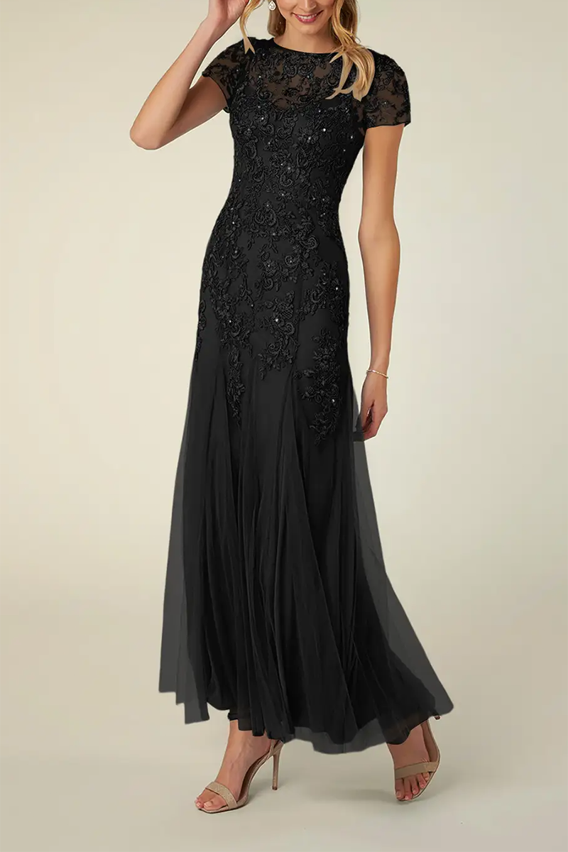 M6175 - Scoop Short Sleeves Appliqued Chiffon A-Line Mother of the Bride Dress