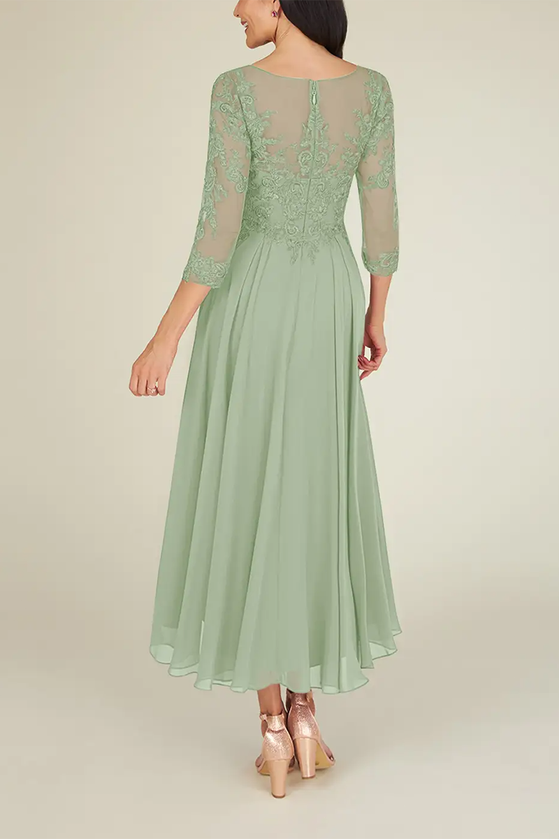 M6176 - Scoop Half Sleeves Lace Chiffon A-Line Midi Mother of the Bride Dress