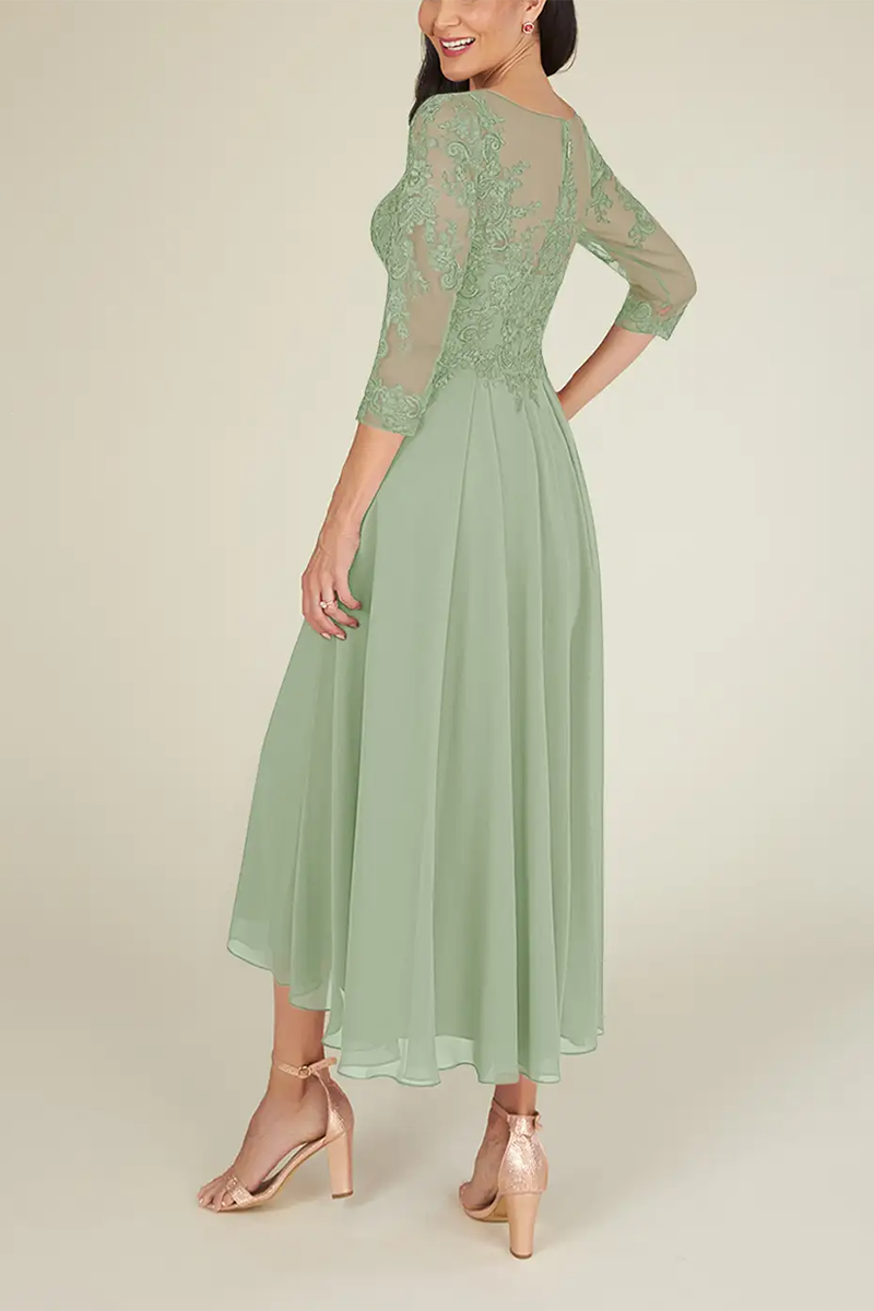 M6176 - Scoop Half Sleeves Lace Chiffon A-Line Midi Mother of the Bride Dress