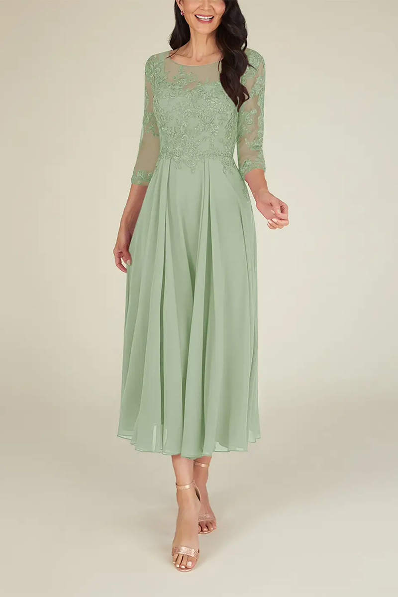 M6176 - Scoop Half Sleeves Lace Chiffon A-Line Midi Mother of the Bride Dress