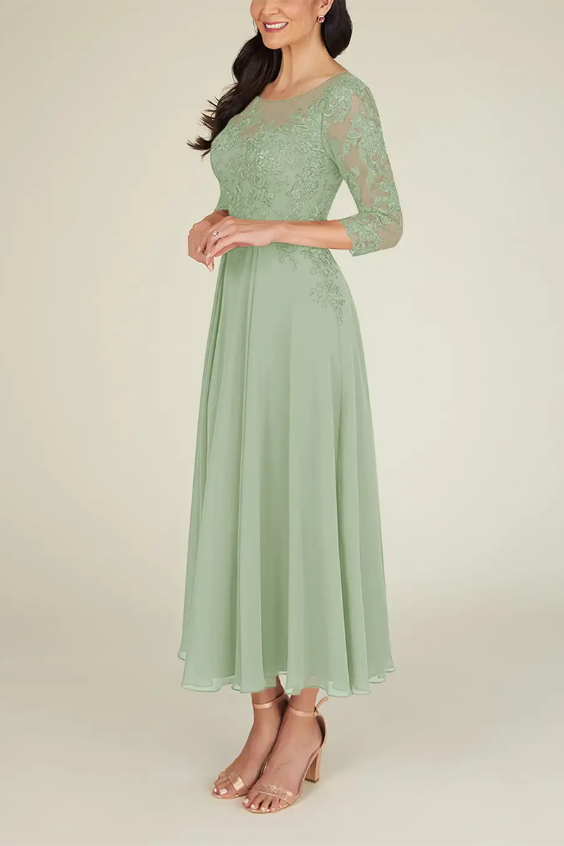 M6176 - Scoop Half Sleeves Lace Chiffon A-Line Midi Mother of the Bride Dress