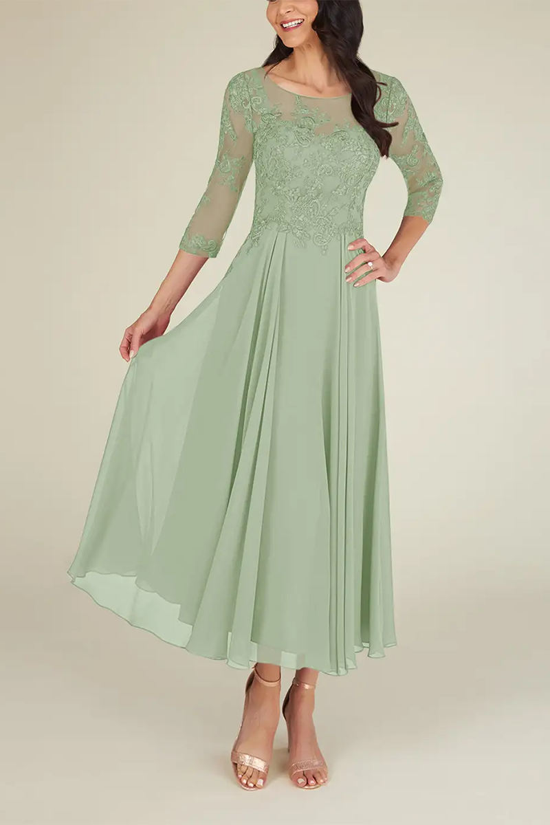 M6176 - Scoop Half Sleeves Lace Chiffon A-Line Midi Mother of the Bride Dress