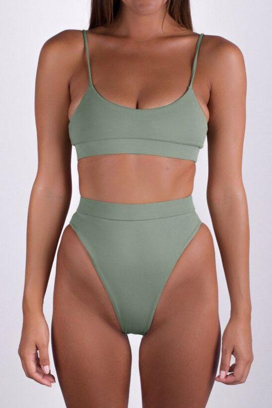 Army Green High Waist High Cut Thong Bralette Bikini