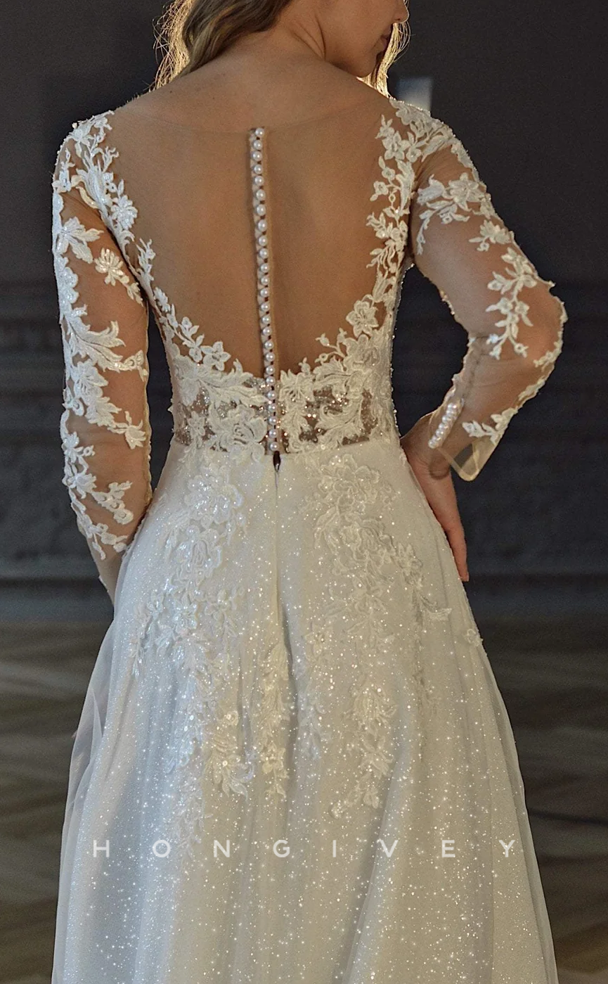 H1712 - Glitter A-Line V-Neck Long Sleeve Lace Applique Wedding Dress