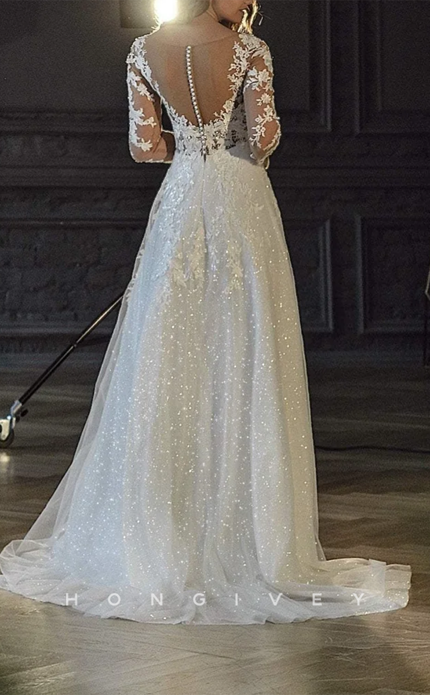 H1712 - Glitter A-Line V-Neck Long Sleeve Lace Applique Wedding Dress