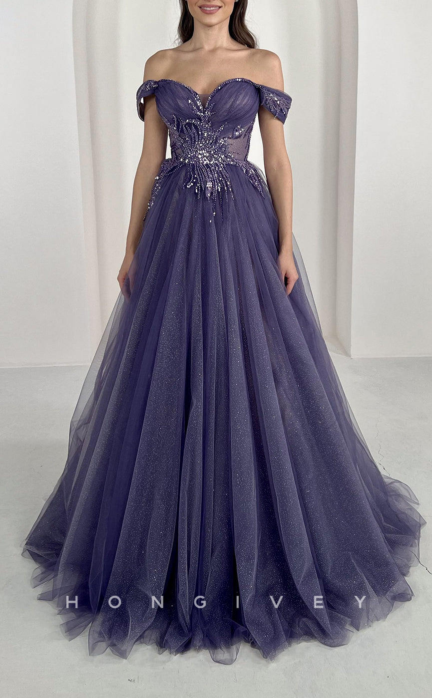 L2660 - Off-Shoulder Tulle A-Line Sequined Appliques With Train Party Prom Evening Dress