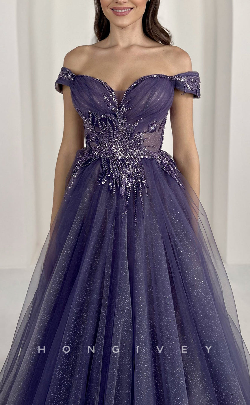 L2660 - Off-Shoulder Tulle A-Line Sequined Appliques With Train Party Prom Evening Dress